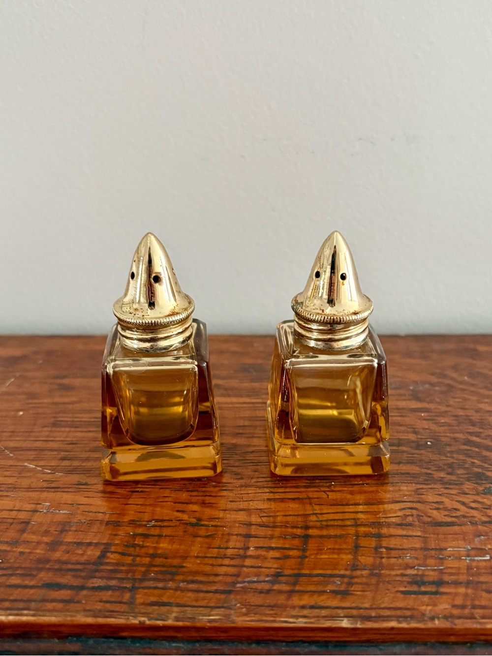 Vintage Amber Glass Salt and Pepper Shakers with Gold Tops